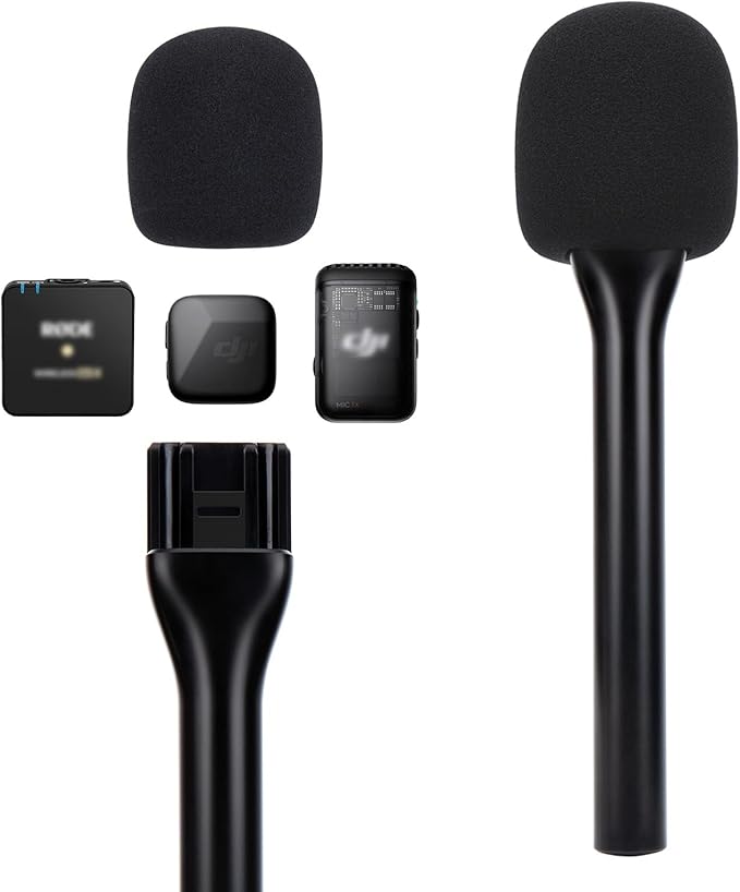 Handheld Mic Stand with Pop Filter for DJI Mic - Interview Grip & Mount Adapter Compatible with DJI Mic Mini/2 & Rode Wireless GO/II, Includes 1/4" Thread (1 Foam Cover)