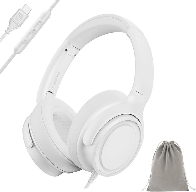Wired Over-Ear Headphones with USB C Connector, Hi-Fi Stereo Sound, Noise-Isolating Ear Cups, Comfortable Fit for USB C Devices (with Bag, White)