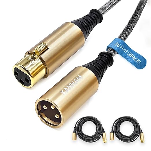 XLR Cable 16 Feet/5 Meter 2 Pack 3 Pin Microphone Female to Male Balanced Shielded Cable, Fibre Braiding with 22AWG Oxygen-Free Copper(OFC) Mic Cord for Speaker and Audio System