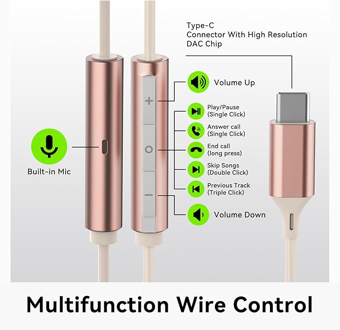 USB C Headphones for Samsung S24 S23 FE S22 S21 S20 A53 A54 Wired Earbuds Metal in-Ear Type C Earphone with Microphone Volume Control Bass Stereo for iPhone 17 Pro Max iPhone 16 Pro Max Pixel (Pink)