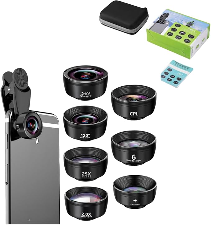 7-in-1 Phone Camera Lens Kit – 210° Fisheye Lens, 120° Wide Angle Lens, 20X Macro Lens for iPhone, Samsung & Android Smartphones – HD Optical Glass, Universal Clip, Portable Case (Black) (7 in 1)