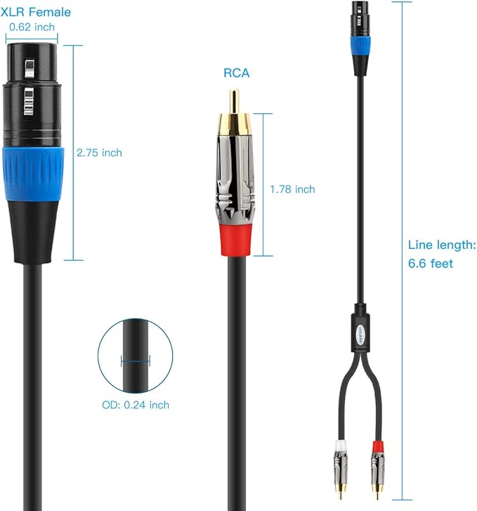 Unbalanced XLR Female to Dual RCA Y Splitter Breakout Cable, 1 XLR Female to 2 RCA Male Y Breakout Cable Adapter Cord, 6.6 Feet