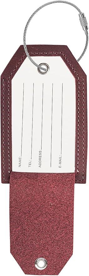 Genuine Leather Set of 2 Luggage Tag with Full Back Privacy Name ID Card Stainless Steel Loop Suitcase Labels Identifiers Baggage Tags Luggage for Women Men Travel (Wine Red)