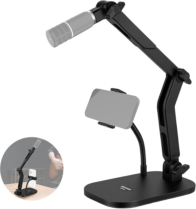 NEEWER Desk Microphone Stand with Phone Clamp & Flexible Arm, Adjustable Table Top Mic Holder Mount with 1/4" to 5/8" Screw Adapter Compatible with Blue Yeti Razer Seiren Mini, Max Load 3.3 lbs, MS022