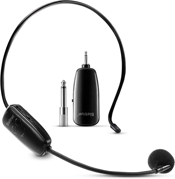 Bietrun Wireless Microphone Headset, UHF Wireless Headset Mic System, 160ft Range,1/8'' and 1/4'' Plug, for Speakers, Voice Amplifier, PA System(Not Supported AUX/iOS)