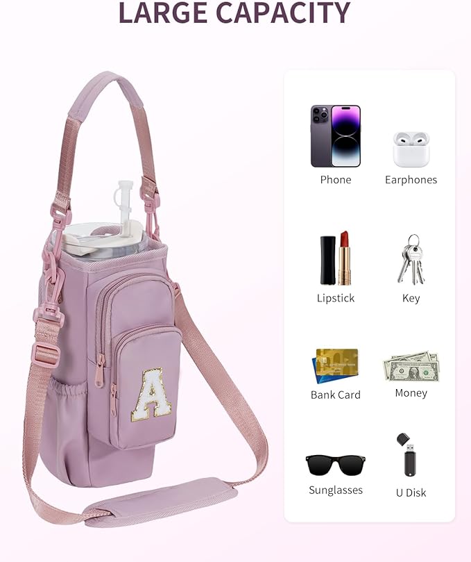 sportsnew Birthday Gifts for Women Personalized Initial Water Bottle Holder with Strap fits most 40oz Tumbler with Handle Water Bottle Carrier Bag with Phone Pocket & Straw Topper Tumbler Accessories