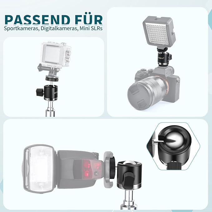UTEBIT Mini Ball Head, Tripod Head with 1/4" hot Shoe, 360° Rotatable Ball Heads Camera Mount Adapter, Aluminium 20mm Ballhead Compatible with Tripods, Monopods, HTC Vive, SLR Cameras Loading 2.5lb