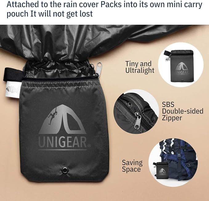 Unigear Backpack Rain Cover Waterproof Rating 5000mm Ultraportable and Durable with 2 Anti-Slip Buckle Strap, Integrated Carry Pouch Design (Black, Large for 40L-50L Backpack)