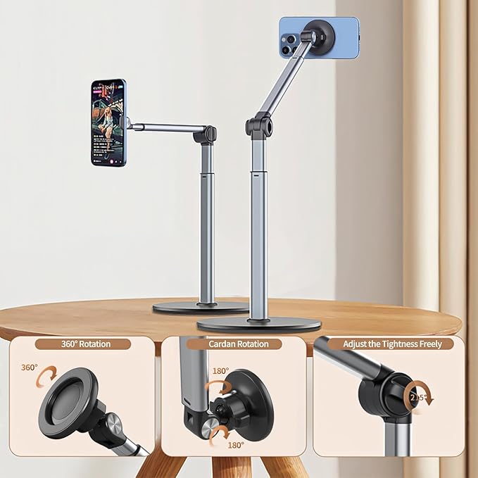 yAyusi Heavy Duty Aluminum Magnetic Overhead Tripod for iPhone, 13.7 in Long Overhead Phone Mount, Flexible Articulating Arm Phone Mount for Desk for Live Streaming, Meeting, Cooking