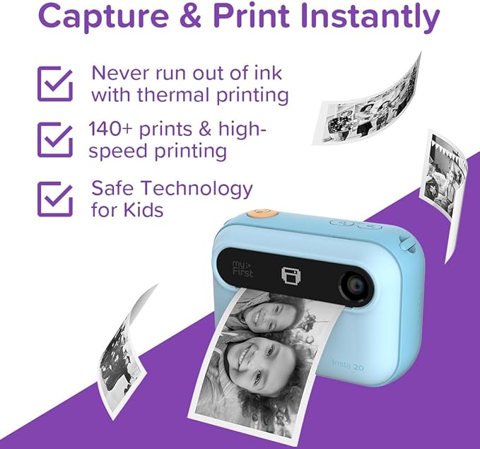 New myFirst Camera Insta 20 - Instant Print Digital Camera for Kids with 16MP Photos 1080P, 4-12 Years Old boy Gift Ideas, Thermal Printing No Ink, Support Micro SD Card (Blue)