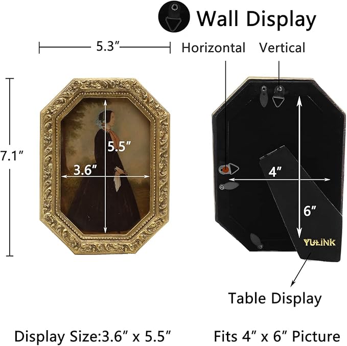 4x6 Vintage Picture Frame, Antique Ornate Gold Octagon Photo Frame, for Tabletop and Wall Display, Decorative Retro Home Decor, Old Fashioned Photo Gallery Art