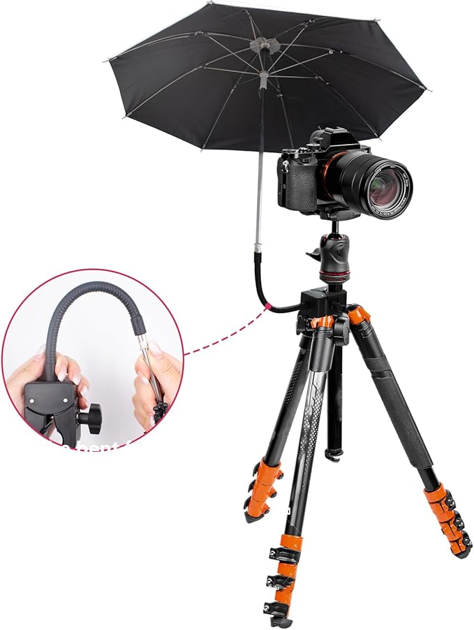 Umbrella Chair Clamp for Cameras, Flexible Adjustable Gooseneck Camera Rain Cover, Tripod Sun Shade Umbrella for Outdoor Photographing, Filming, Live Streaming, 20 Inch Diameter, Silver