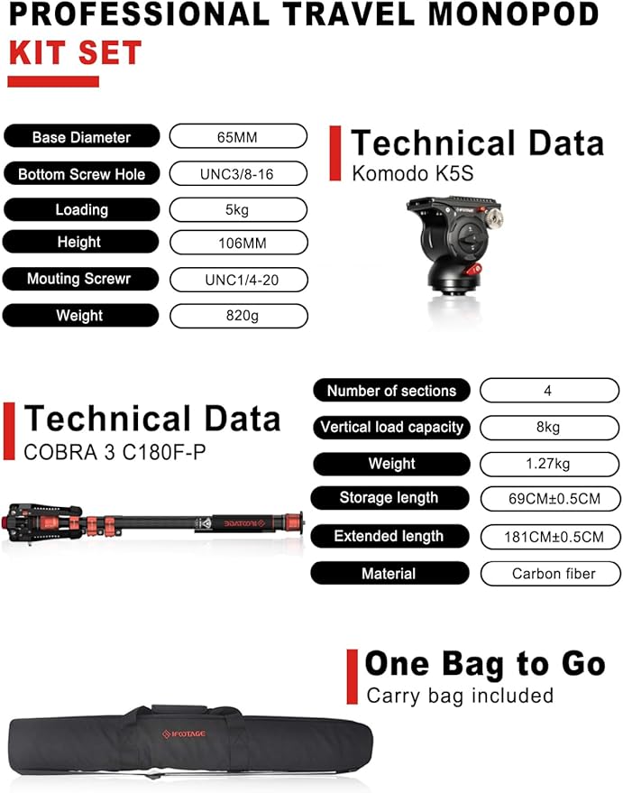 IFOOTAGE Monopod with Fluid Head Cobra 3 C180F-P + K5S, Carbon Fiber Monopod with Feet for DSLR Cameras - Canon, Nikon, Sony, Olympus, Panasonic, Payload 17.64Lbs/8KG