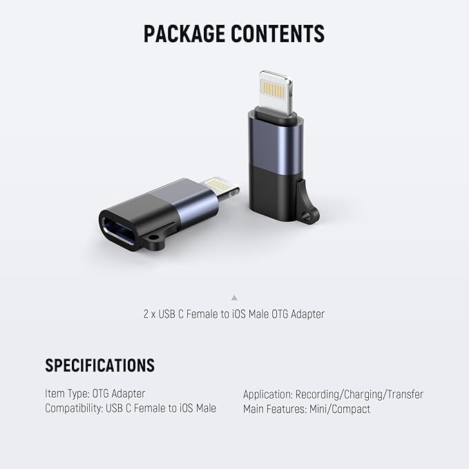 NEEWER USB C to iOS OTG Adapter 2 Pack Set, USB Type C (Female) to iOS (Male) Compatible with iPhone 14 13 12 11 X iPad Type C Wireless Microphone, LM4