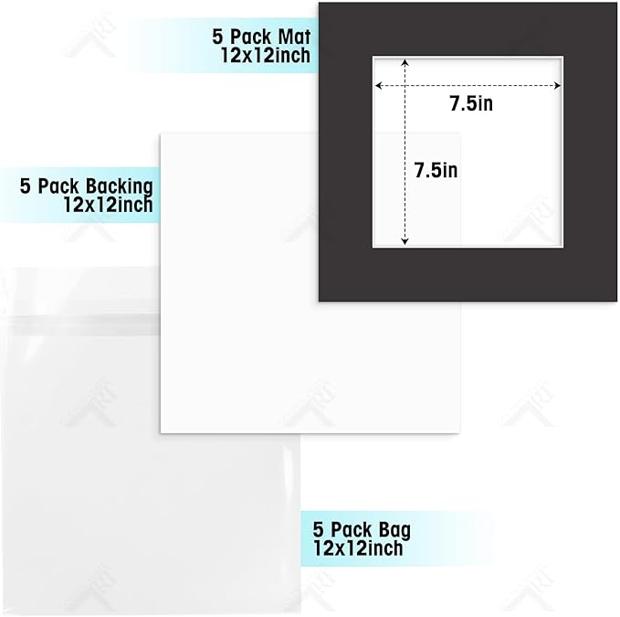 Golden State Art, Acid Free, Pack of 5, 12x12 Black Picture Mats Mattes with White Core Bevel Cut for 8x8 Photo + Backing + Bags