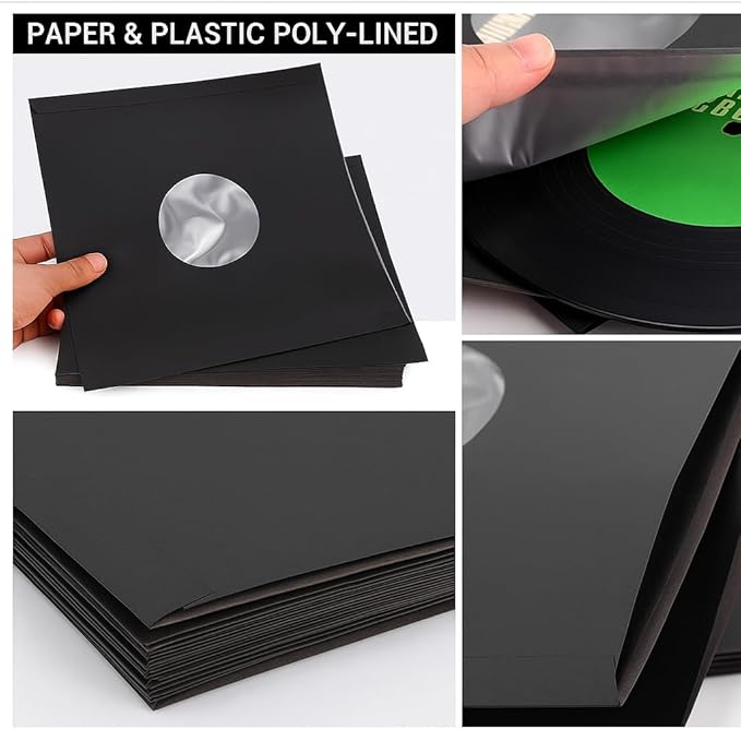 100 PCS 12in Black Paper & Poly Lined Record Inner Sleeves for LP Vinyl Records, 110gsm Paper 33 RPM Record Sleeves, Anti Static Record Storage Album Covers LP Vinyl Jacket Covers