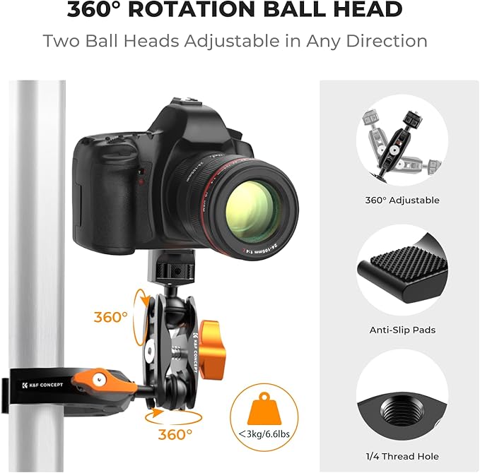 K&F Concept Magic Arm with Super Clamp + Adjustable Camera Monitor Mount, 360° Swivel 180° Tilt with Cold Shoe, Anti-Twist Design, 1/4" Screw for 5" & 7" Camera Field Monitor