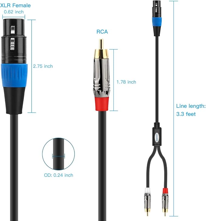 Unbalanced XLR Female to Dual RCA Y Splitter Breakout Cable, 1 XLR Female to 2 RCA Male Y Breakout Cable Adapter Cord, 3.3 Feet