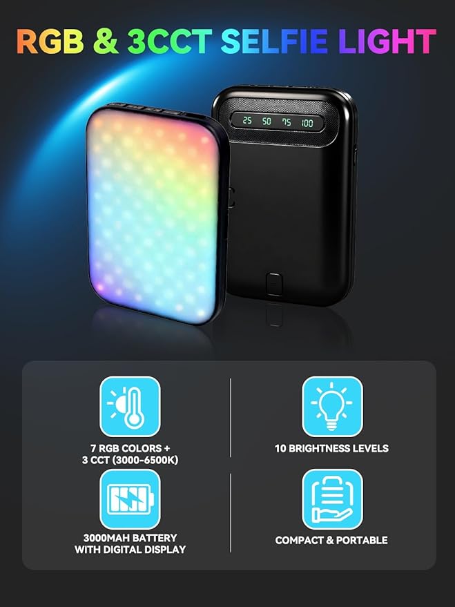 RGB Selfie Light for iPhone, Portable Phone Light Clip with 4 Light Modes & 10 Brightness Levels, Rechargeable 3000mAh Selfie Light for Phone, TikTok, Makeup, Zoom