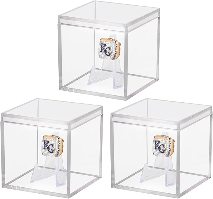 3 Pack Championship Ring Display Case Clear Acrylic Display Case Mini Football Baseball Softball Ring Holder Display Box Single Stand 1 Slot Ring Hole Storage Box Gift for Sports Fans, 2.16 Inch