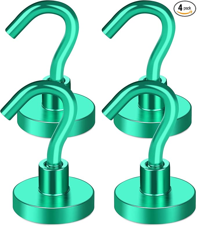 MIKEDE Magnetic Hooks Heavy Duty, 30LB+ Strong Magnets with Hook for Fridge, Neodymium Extra Strength Industrial Hooks for Hanging, Magnetic Hanger for Toolbox, Cruise, Grill(Green,4 Pack)