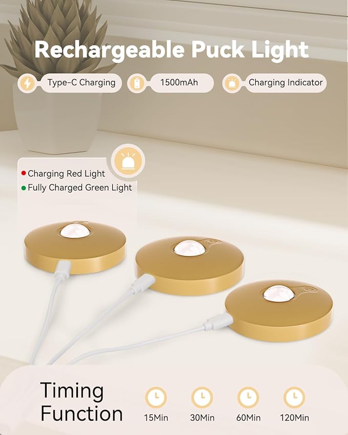 Rechargeable Puck Lights, 6-Pack LED Tap Lights with Remote, 1500mAh Battery, Dimmer & Timer, Wireless Stick-On Under Cabinet Lights for Closet, Bedroom, Kitchen, Gold 6Pcs