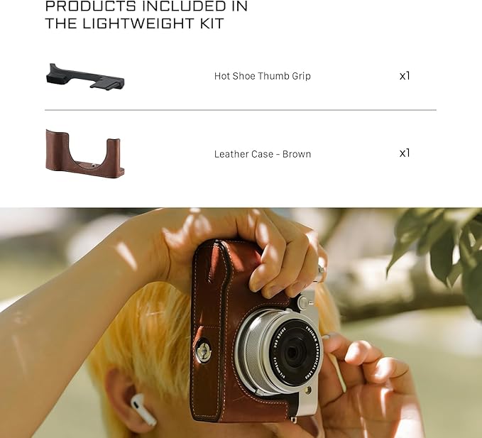 Tilta Vintage Camera Cage Compatible with Fujifilm GFX100RF – Lightweight Kit, Black | Includes Leather Camera Case (Brown) & Hot Shoe Thumb Bracket | Custom Grip Design, Battery Access