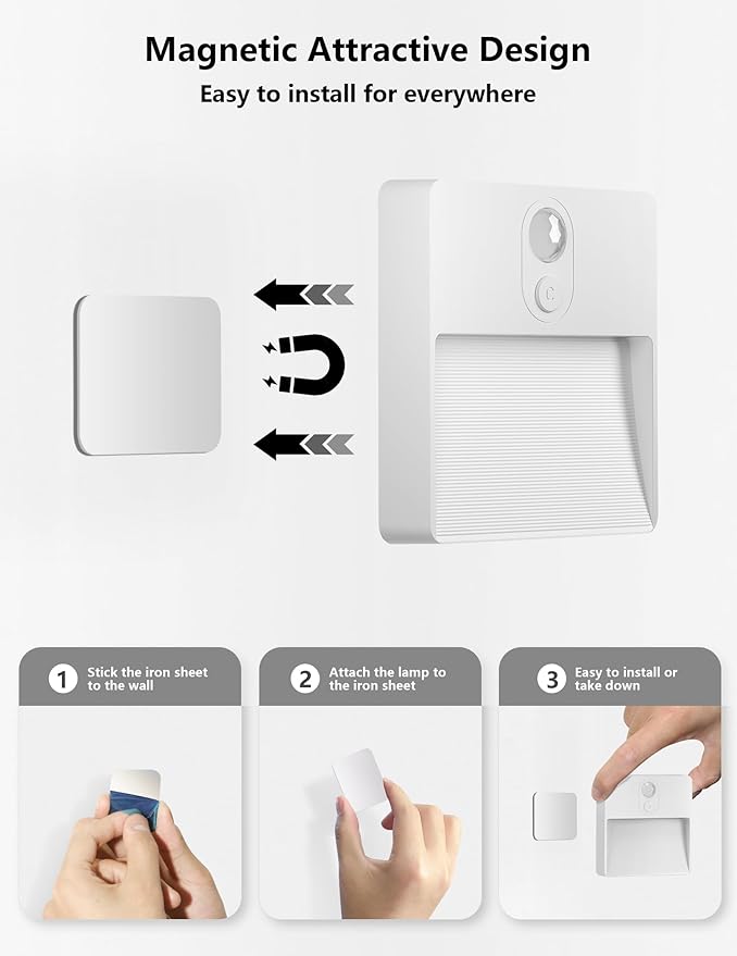 Motion Sensor Night Light Indoor, Rechargeable Battery Operated Lights with RGB Lights, Magnetic Stick On Light for Closet Toilet Bathroom Under Cabinet Hallway Stair Bedroom Kitchen, 2 Packs