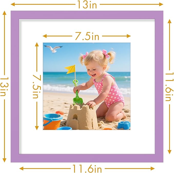 Vittanly 12x12 Picture Frame, Made of Solid Wood and Shatterproof Plexiglass, Display Pictures 8x8 with Mat or 12x12 without Mat, Wooden Photo Frame for Wall Mounting, Purple, 1 Pack