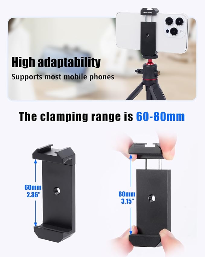 Universal Cold Shoe Phone Clamp Mount with Triple 1/4" Screws - 60-80mm Silicone Grip for iPhone Samsung Vlog Live Streaming Camera Accessories 84001