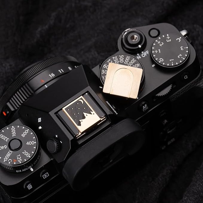 Camera Metal Hot Shoe Cover Protector for Fuji X100VI X100V X-M5 X-E5 X-T4 X-T3 XPRO3 XPRO2 X-Half for Nikon ZF Z5 Z6 Z6II (Starlit Sky Brass Cover)