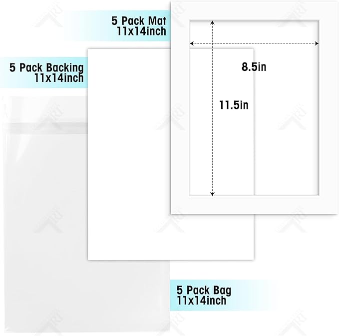 Golden State Art, Acid Free, Pack of 5, 11x14 White Picture Mats Mattes with White Core Bevel Cut for 9x12 Photo + Backing + Bags