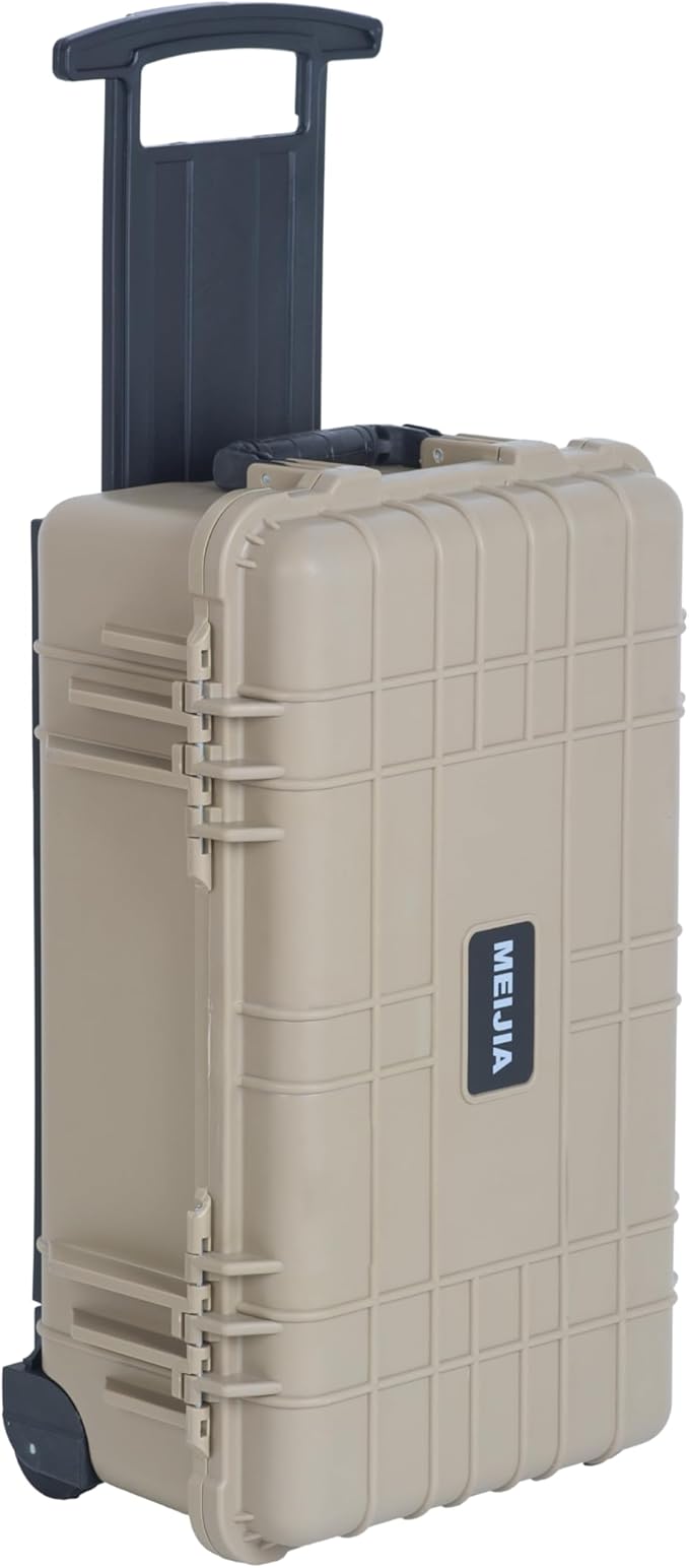 MEIJIA All Weather Rolling Waterproof Protective Case, Hard Camera Case,Dry Case with Retractable Pull Handle and Wheels,Foam Inserted, 22 x13.81x9inches (Desert Tan)