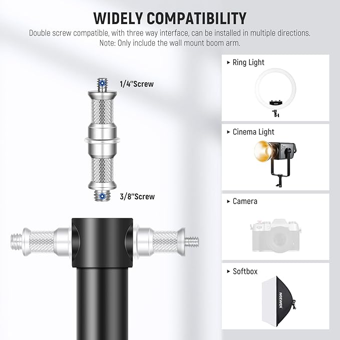 NEEWER Ring Light Wall Mount Boom Arm, 22"-46"/55-116cm 180° Swivel Triangle Light Wall Mounting for Photography Strobe Monolight Softbox Umbrella Reflector, Aluminum Alloy, 6.6lb/3kg Capacity, WB-100