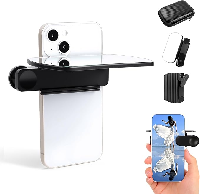 Smartphone Camera Mirror Reflection Clip Kit, Mirror Reflection Clip, Smartphone Selfie Reflector - Adjustable HD Glass Reflection Mirror, Travel Size for Creative Photography (Black)