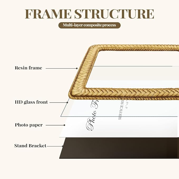 Cuspin Gold 4x6 Picture Frame, Ornate Decorative Rattan Resin Photo Frame, Gold Frames Braided Design for Tabletop Display or Wall Hanging, Elegant Home Decor