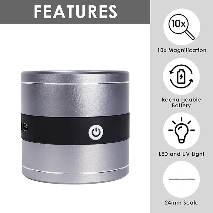 10X Jewelers Loupe Rechargeable, Magnifier with LED and UV Light, Jewelry Loop Magnifier with Light, 10X Magnification, 0.95‘’ Scale of View Eye Loupe for Gem, Coin, Stamp, Watch Repair, Jewelers
