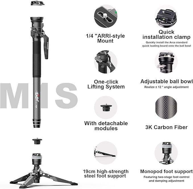 COMAN One-Click Lifting Monopod with Feet, 65’’ Travel Monopod with 360° Ball Bowl Head, Lightweight Camera Tripod with Arca Quick Release for Canon Nikon, DSLR Cameras, Max Load 22lbs/10kg (M1S)
