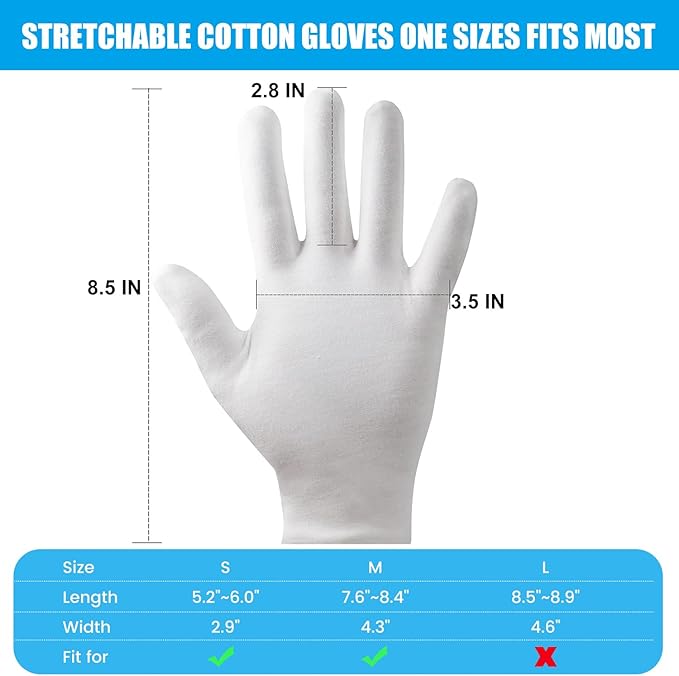 4 Pairs White Gloves, Breathable Cotton Gloves for Dry Hands Sleeping, Washable Eczema Moisturizing Glove Overnight for Women Men, Christmas Wedding Costume Work Glove for Serving Inspection