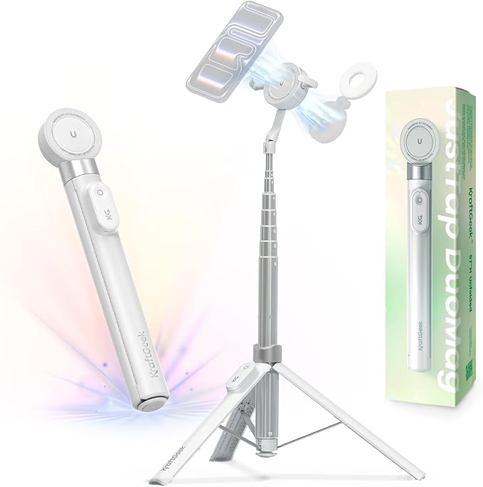 KraftGeek 67" Dual-Sided Magnetic Phone Tripod for iPhone MagSafe, Auto-Open Selfie Stick Tripod with Remote, Hidden Clamp, Portable Cell Phone Tripod Stand for Travel & Content Creation(White)