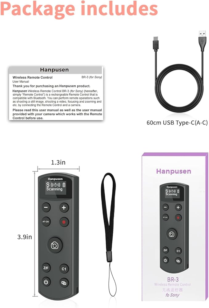 Hanpusen Rechargeable Camera Remote Control for Sony - Wireless Shutter Release with OLED Screen compatiable with ZV-1F,ZV-1II,ZV-1,ZV-E10II,ZV-E10,A6100,A6400,FX30,FX3;Replace Sony RMT-P1BT（Black）