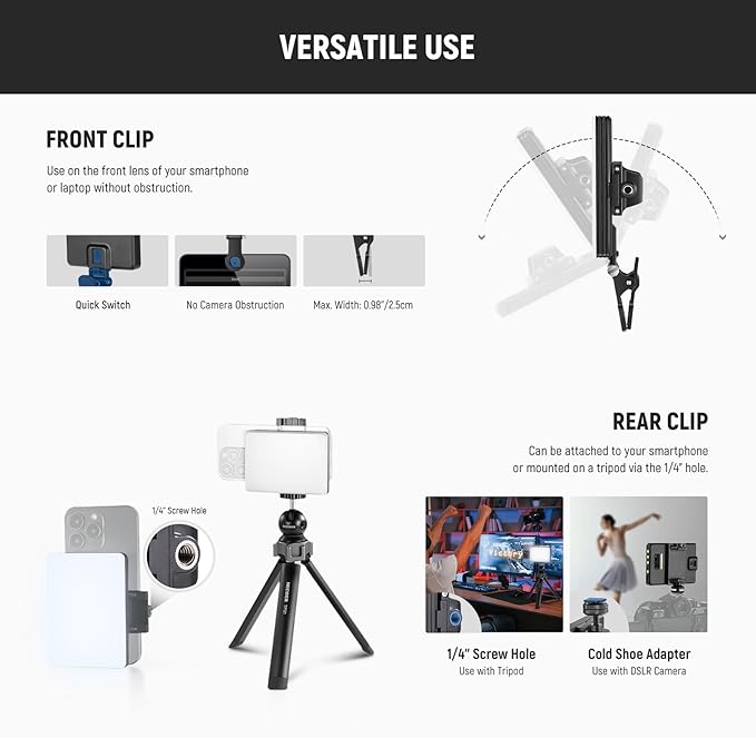 NEEWER BASICS VL67B Phone Selfie Light for iPhone with APP Control, Bi Color 2000mAh Clip On Fill Light for Vlogging Recording Live Streaming, Computer/Laptop/Webcam/Monitor Video Conference Lighting