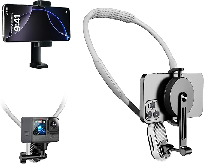 FUNSNAP Magnetic Neck Mount for Go Pro Phone Holder, Quick Release POV Video Vlog Flexible Angle Necklace Holder for GoPro Hero 13 12 11 10 9 Insta360 X3 X4 DJI Action 3 4 5 Pro iPhone Android