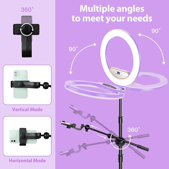 Ring Light 22inch Kit: Ring Light Tripod for iPhone ipad, with 75" Tripod/LCD Display/2 USB Ports Overhead Phone Mount for Video Recording, Zoom Meeting,YouTube,TikTok (Purple)