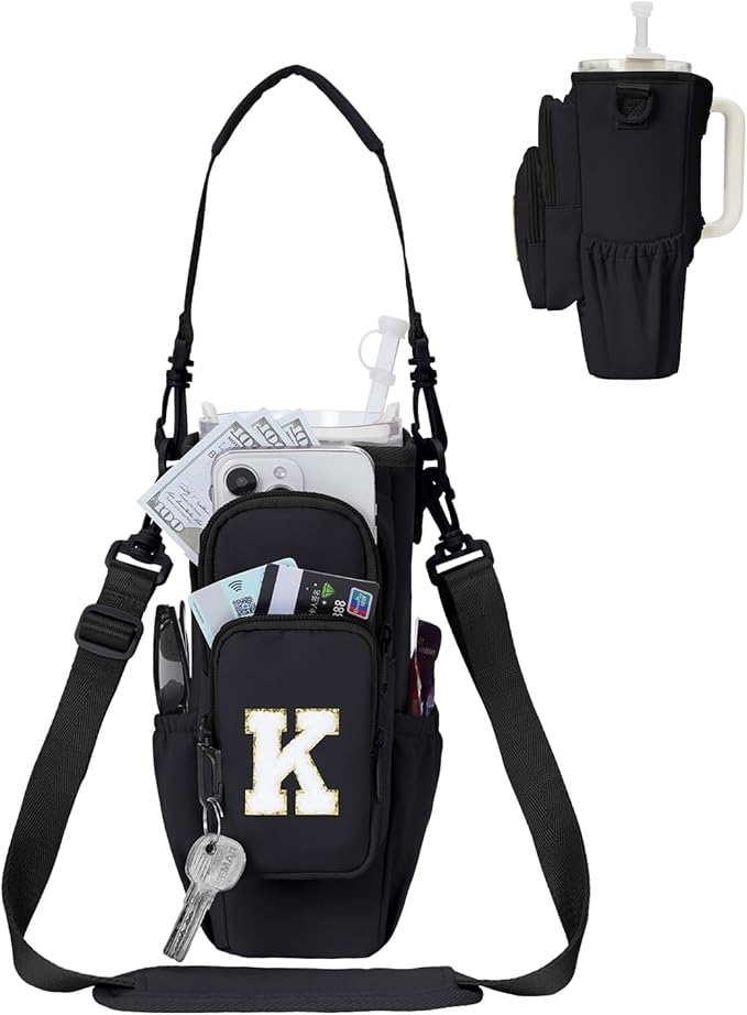 sportsnew Birthday Gifts for Women Personalized Initial Water Bottle Holder with Strap fits most 40oz Tumbler with Handle Water Bottle Carrier Bag with Phone Pocket & Straw Topper Tumbler Accessories