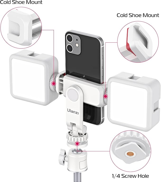 ULANZI Phone Tripod Mount ST-06S White, Universal Smartphone Mount Adapter with 2 Cold Shoe, 360° Rotates and Adjustable Cell Phone Clip Clamp Holder, Compatible with iPhone, Samsung Galaxy and More