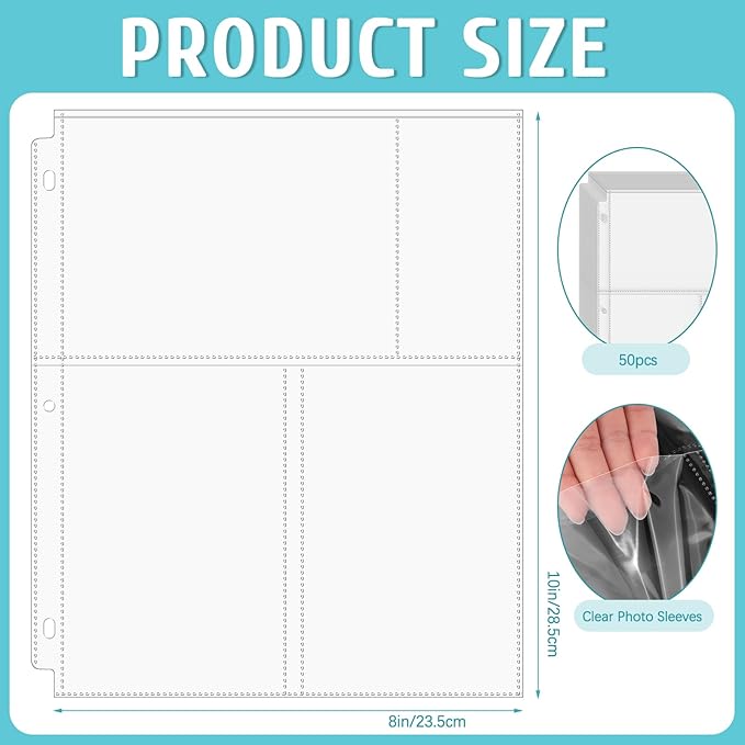 VOKOY 50 Pack 4" x 6" Clear Photo Sleeves for 3 Ring Binder, Double Sided 3-Pocket Sheet Protectors Archival Photo Album Postcard Refill Pages Storage Pockets Organizer, 300 Pockets
