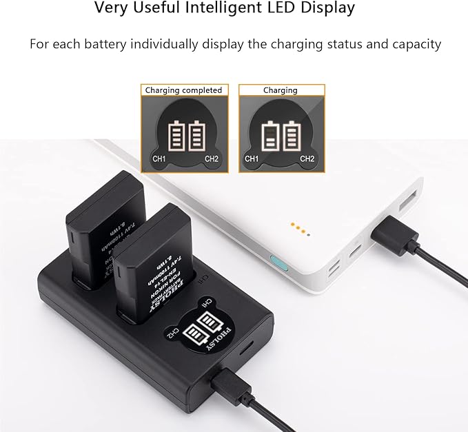 PHOLSY 2 EN-EL14 / EN-EL14a Batteries Camera Battery Charger MH-24 Rapid Dual USB Charger Compatible with Nikon P7800 P7700 P7100 P7000 D5600 D5500 D5300 D5200 D5100 D3500 D3400 D3300 D3200 D3100 Df