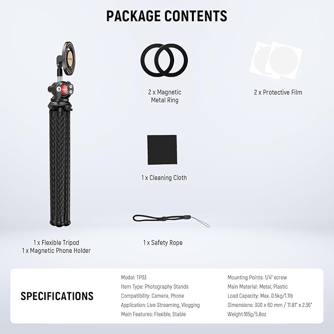 NEEWER Magnetic Flexible Phone Tripod Compatible with Magsafe iPhone 15 Pro Max 14 Series Android, Mini Vlog Cellphone Tripod Stand with Ball Head for Stroller Bike Motorcycle Tube Round Objects, TP33