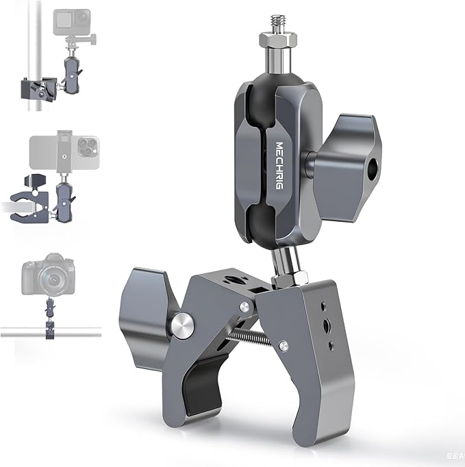 Super Clamp Camera Mount, Aluminum Double Ball Head Magic Arm for Insta360 X5 GoPro DJI OSMO 360 DSLR Monitor, 360° Handlebar Pole Desk Mount, 13lb Load QX010